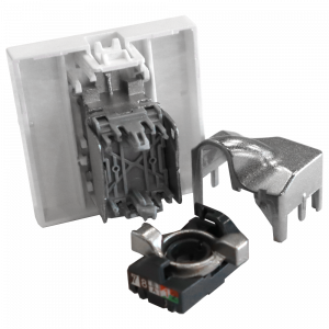45x45 Mosaic insert, RJ-45 STP, category 5e, with shutter and enlarged label field, white